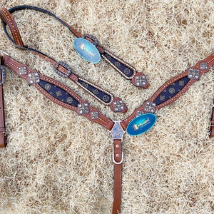 Western Style Leather Headstall and Breast Collar Tack Set for the horse with Printed look inlay with silver stone diamond shape conches