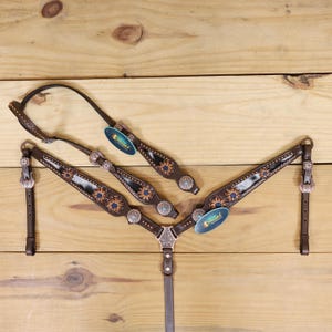 Western Leather Headstall Set and Breast Collar. Handmade Headstall tack set is Sunflower engraved with blue bud flower Conchos