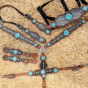 Leather Headstall and Breast Collar Set horse, Western headstall Tack decorated with with Leopard print and Turquoise stone overlay MOUSM