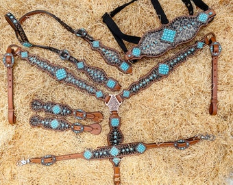 Leather Headstall and Breast Collar Set horse, Western headstall Tack decorated with with Leopard print and Turquoise stone overlay MOUSM