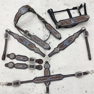 Leather Headstall and Breast Collar Set: Western Horse Tack with Rose Hardware