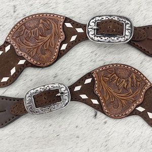 Spurs Leather Ladies Spur strap decorated with hand tooled craft braiding white buck stitching
