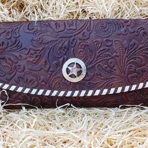 Damen Clutch Tasche mit Blumen geprägten Leder Rohleder Flechtleder Texas Stern concho Damen Leder Clutch Abendtasche Party Clutch Tasche