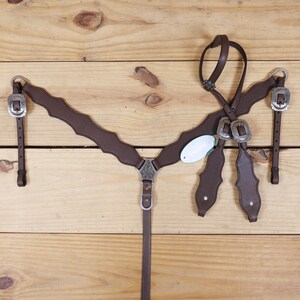 Western Leather Headstall and Breast Collar tack Set decorated with Plain brown leather on standard design by MOUSM