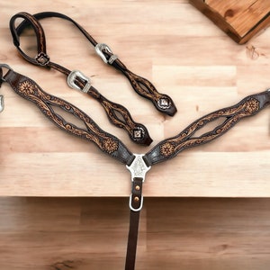 Leather Western Horse Headstall Breast Collar Set: Hand Tooled unique design, Full Size