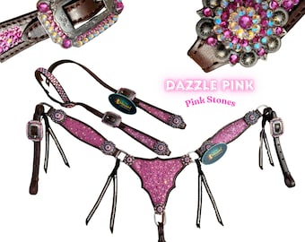 Valentine Leather Headstall Breast Collar Tack Set: Pink Berry Conchos