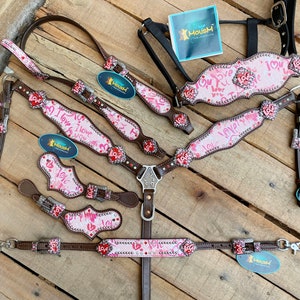 Valentine Day Western Leather Headstall and Breast Collar tack Set for the horse, Western headstall printed I Love You inlay with Love