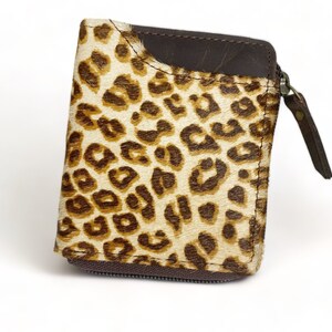 Cartera de piel de vaca con estampado de leopardo Cartera con cierre de cremallera completa de Mousm