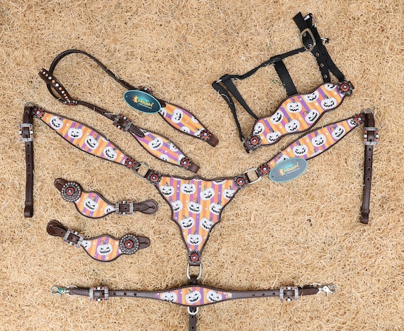 Ensemble Bride De Cheval Western - Collier De Poitrine - Vrai Cuir De Vache Argentin - Neuf