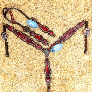Leather Headstall and Breast Collar Set horse Western headstall Tack, headstall decorated with Red metallic Snake print Headstall set