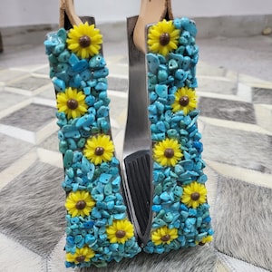 Western Aluminium Barrel Horse Stirrups with Turquoise Crushed stones & Sunflower studs