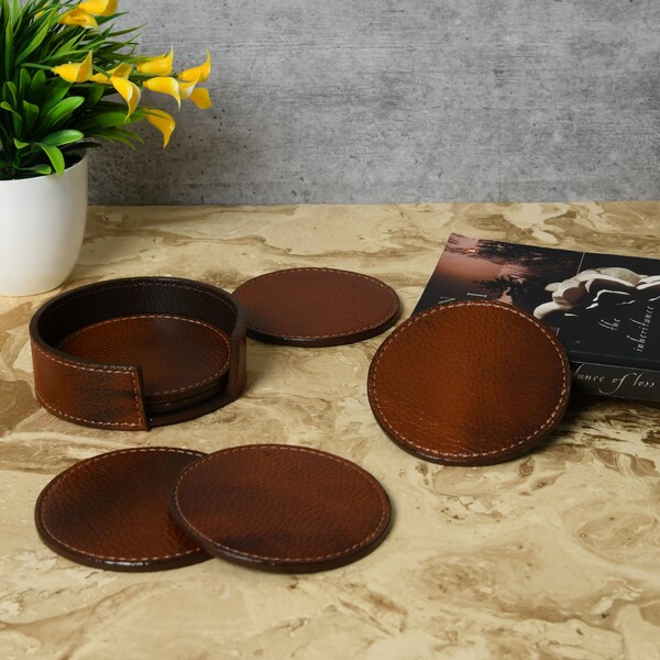 5 Inch Full-Grain Leather Coasters Set of 8 – Genuine Leather Table & Drink Coasters main image 1