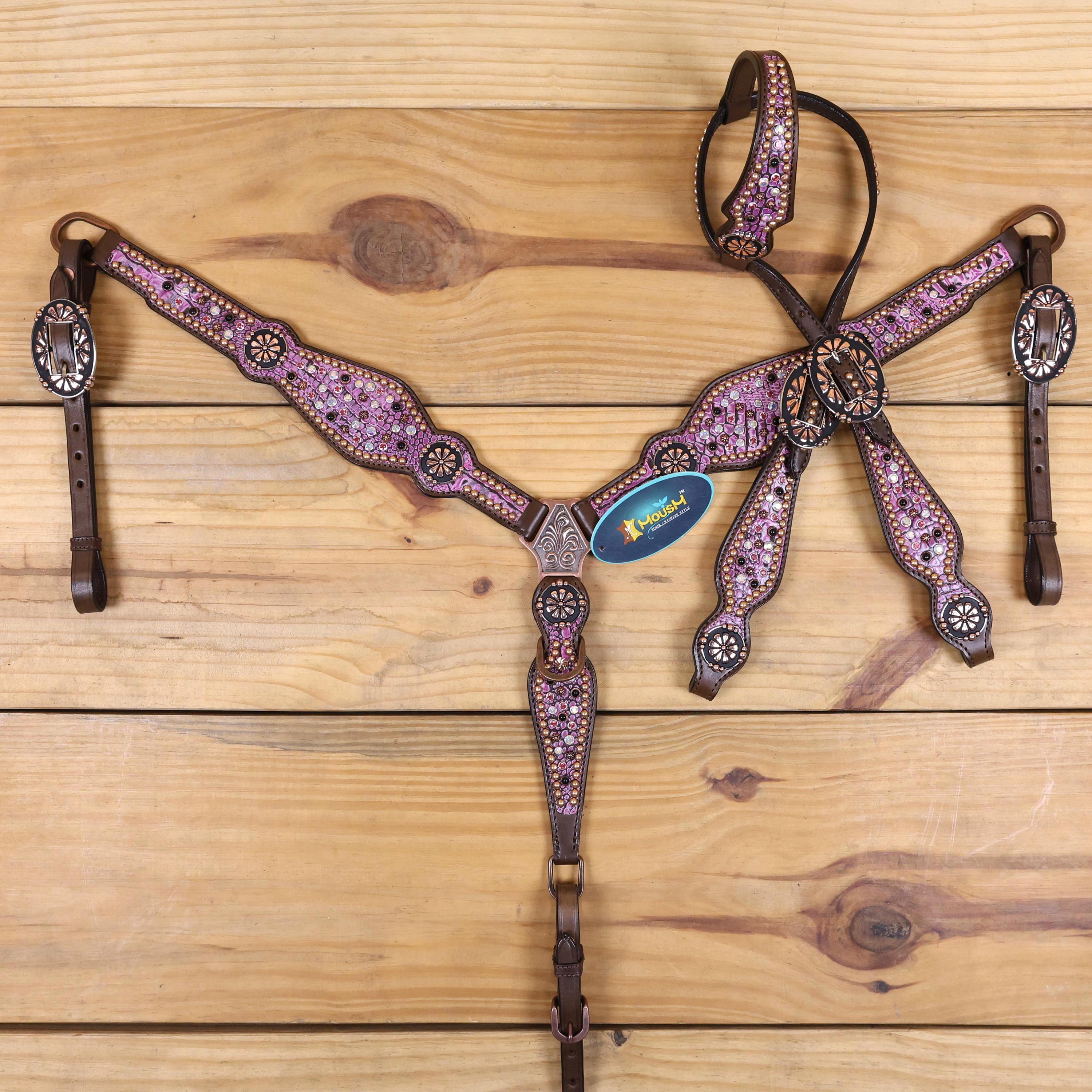 Set Testiera Western Bling In Pelle Marrone Con Borchie: Aledo Saddlery, Nuovo, Made In India
