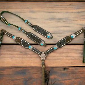 Handmade Leather Headstall and Breast Collar Set for horse, Western Headstall flower carved headstall Horse Fill Size  MOUSM