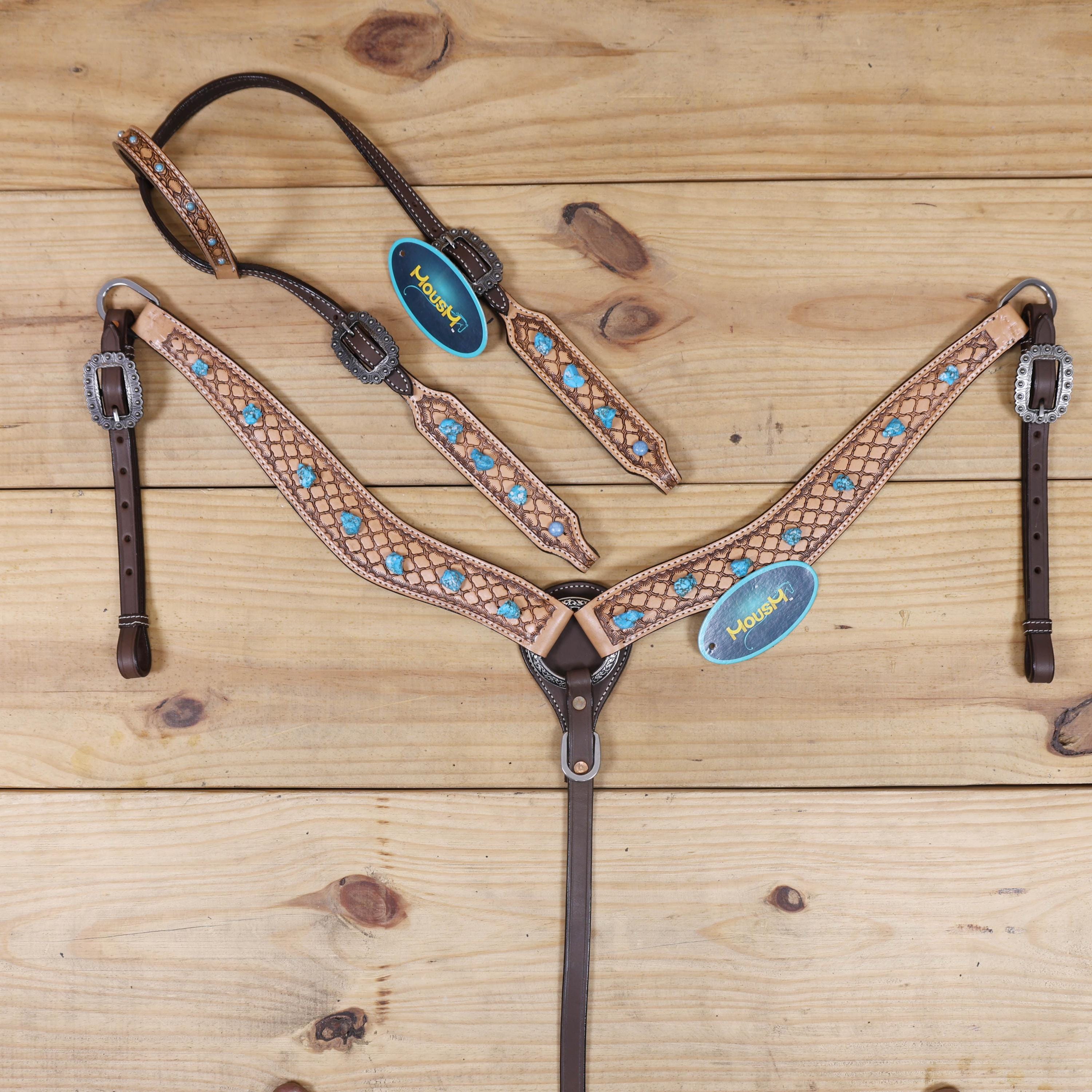 Hand Tooled Western Leather Headstall Breast Collar Set: Turquoise