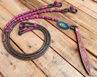 Romal Reins Braided Natural Rawhide Reins with Leather Popper and color options Leather Reins Horse Reins 8&#39; x 1/4&quot; , 4&#39; quirt, popper 11.6&quot;