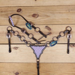 Western Leather Headstall and Breast Collar Tack Set has finish line print (Purple and White) with designed Rings, braided, buck stitch