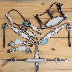 White one ear western tack set Headstall breast collar: Silver Metallic Cowhide
