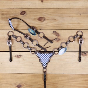 Western Leather Headstall and Breast Collar Tack Set has finish line print (Royal Blue and White) with designed Rings, braided, buck stitch