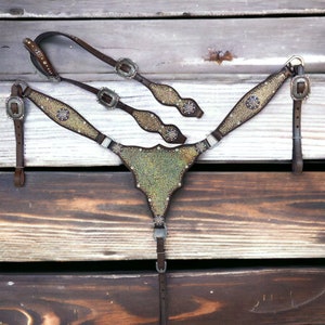 Holographic Metallic Horse Tack: Genuine Leather Western Headstall & Breast Collar
