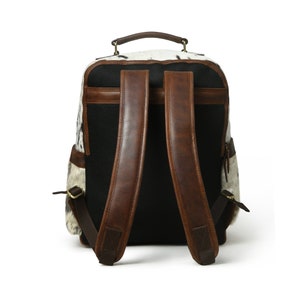 May include: A white and brown leather backpack with adjustable straps. The backpack has a black mesh panel on the back and a zipped pocket on the side.