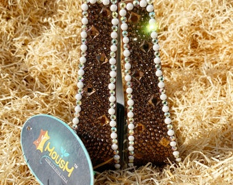 Estribos de alumínio estilo western para cavalos: detalhes com glitter, pedras e strass.