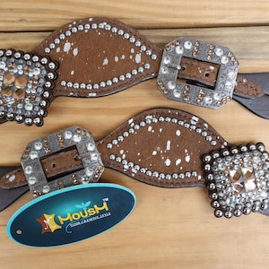 Spur strap Leather Ladies Spur strap decorated with Tan Brown metallic acid wash cowhide look by Mousm