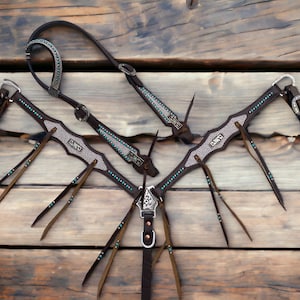 Leather Horse Headstall & Breast Collar Set: Copper Conchos, Turquoise Studs