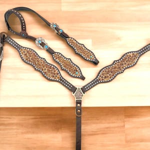 Genuine Leather Headstall and Breast Collar Set tack - Western Horse Bridle Headstall with Breast Collar tack Full Size / Horse Size MOUSM