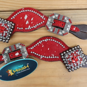 Spur strap Leather Ladies Spur strap decorated with Royal Red metallic acid wash cowhide look by Mousm