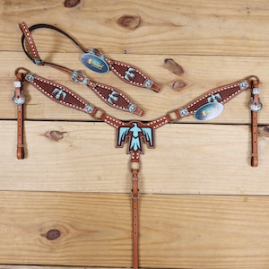 Turquoise Thunderbird Headstall & Breast Collar Tack Set: Gladiator Style Leather