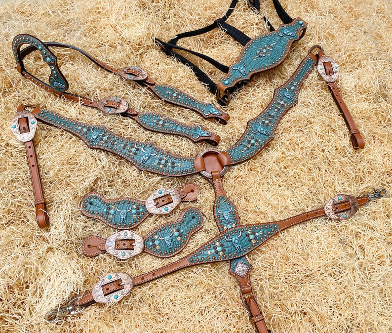 Leather Headstall and Breast Collar Set, Western Headstall With Teal