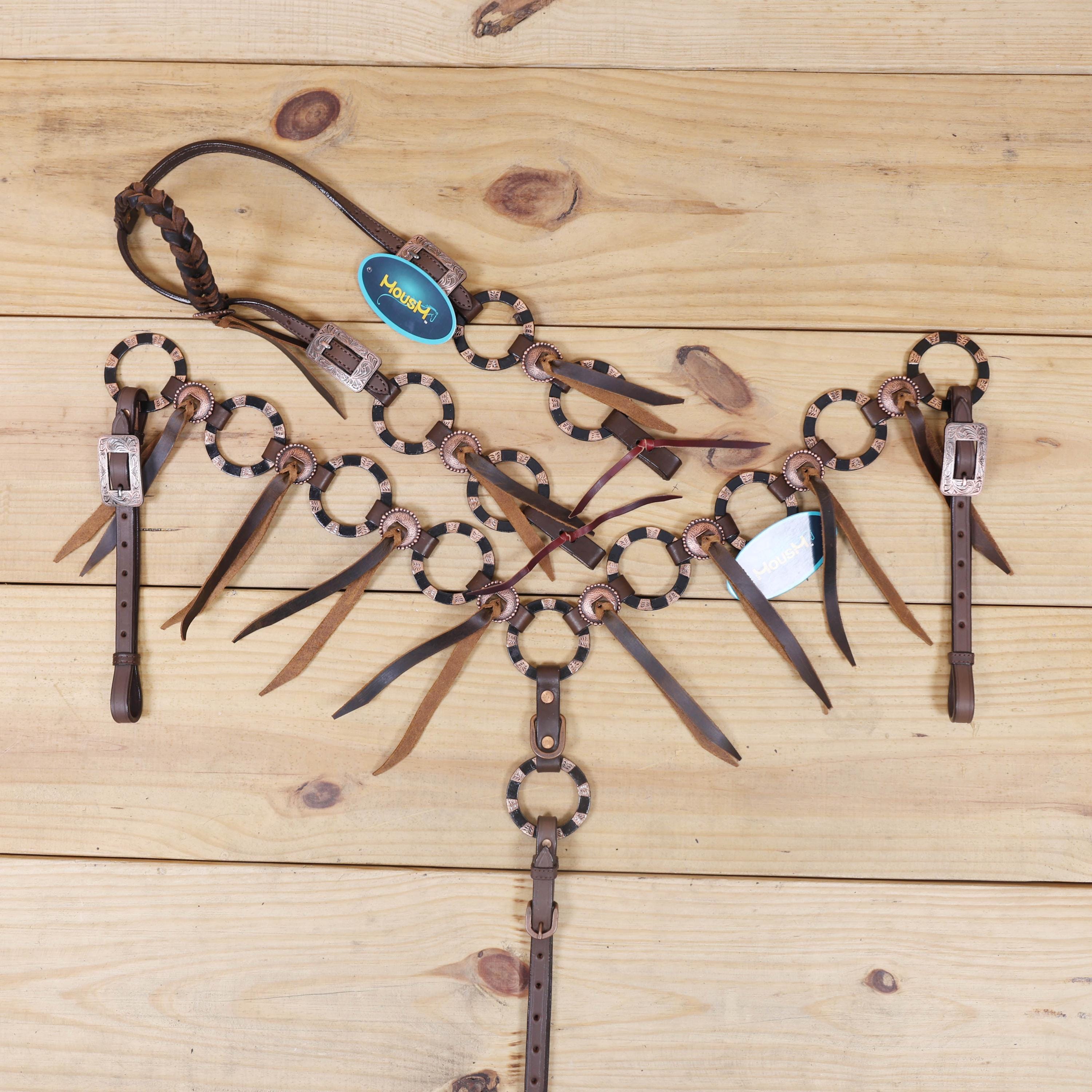 Ring Headstall & Breast Collar Tack Set: Raw Leather Fringe 