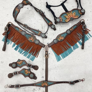 Leather Headstall and Breast Collar Set horse Western headstall Tack with sunflower carving and turquoise stone and turquoise/Tan fringe