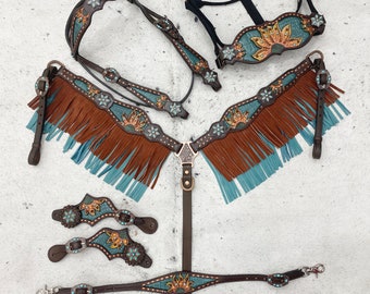 Leather Headstall and Breast Collar Set horse Western headstall Tack with sunflower carving and turquoise stone and turquoise/Tan fringe