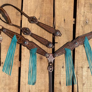Handcrafted Leather Headstall & Breast Collar Set with Teal Fringe, Copper Studs, Conchos, Western Horse Tack, Argentina Cow Leather,A Gift