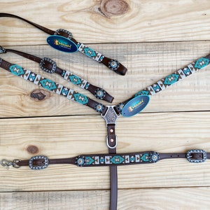 Leather Headstall and Breast Collar with Wither Strap Western Leather Tack Set for the horse with Torquish Beeded inlay with matching Concho