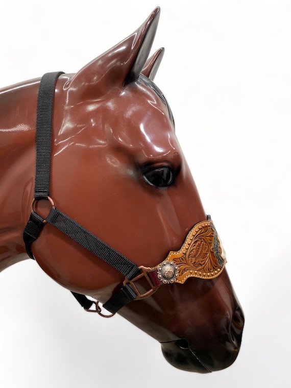 Handmade Leather Bronc Halter, Cross Gun Concho, Oak Leaf Carving