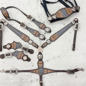 Leather Headstall and Breast Collar Set horse,Western headstall Tack with geometrical tooling and rawhide braiding and grey alligator print