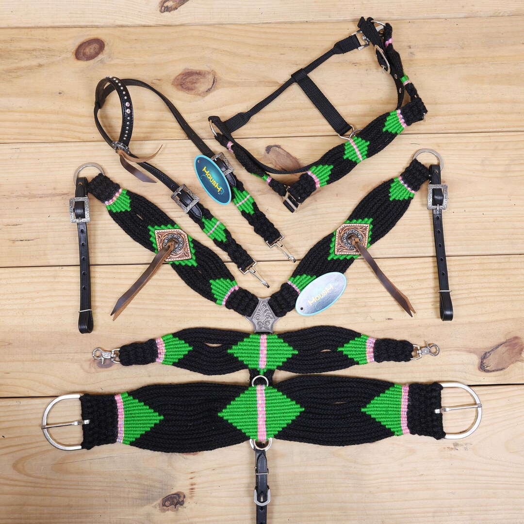 Green and Black Mohair Horse Tack Set With Argentina Leather, 32