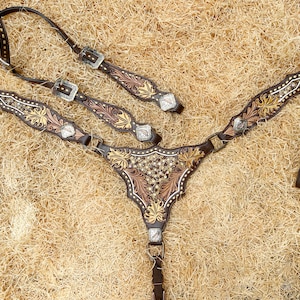 Leather Horse Headstall and Breast Collar Set: Hand-Carved Oak Leaf Western Tack