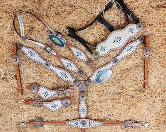 Handmade Leather Horse Headstall Breast Collar Set: Silver Alligator Overlay