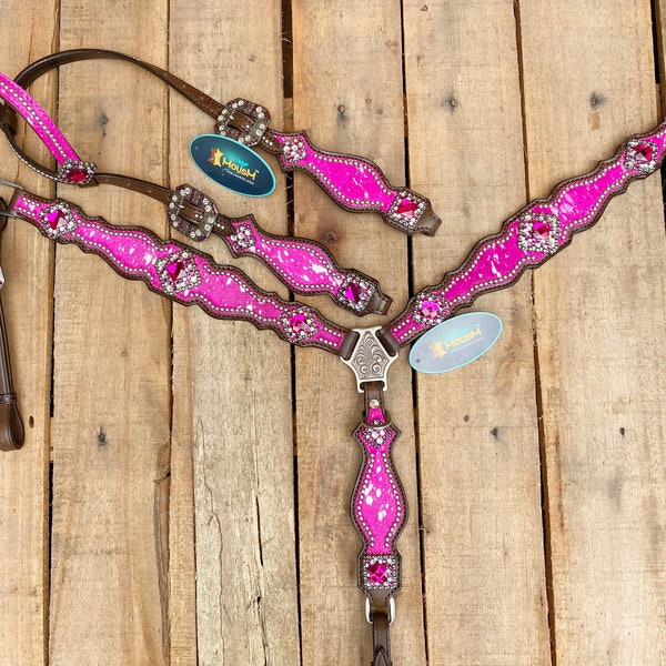 Valentine Day  Western Leather Headstall and Breast Collar tack Set for the horse, headstall pink silver metallic acid wash cowhide look