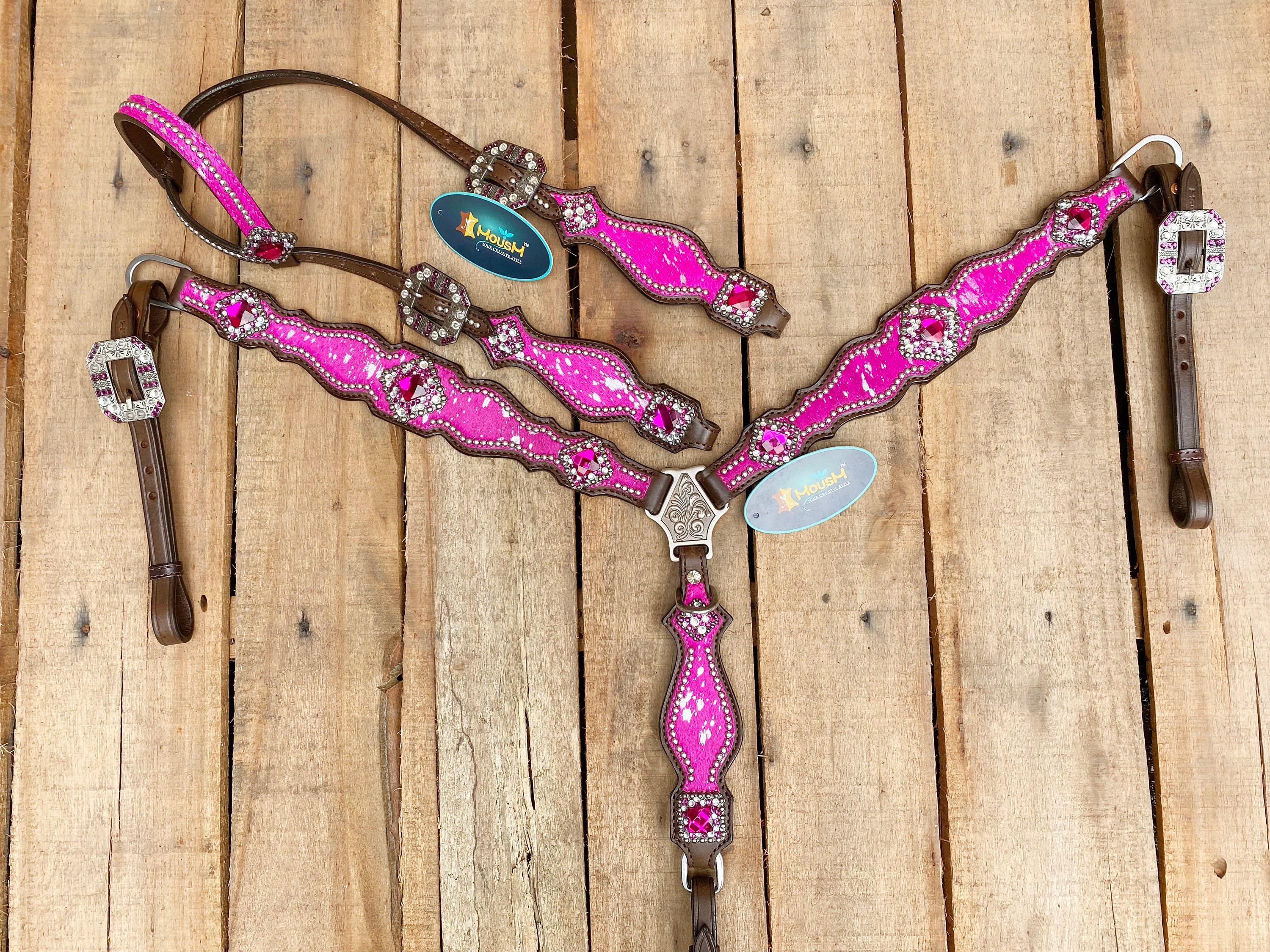 Valentine Day Western Leather Headstall and Breast Collar tack Set for the horse, headstall pink silver metallic acid wash cowhide look