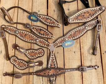 Western Leather Headstall and Breast Collar tack Set for the horse, Western headstall tooled flower and around bids and concho MOUSM