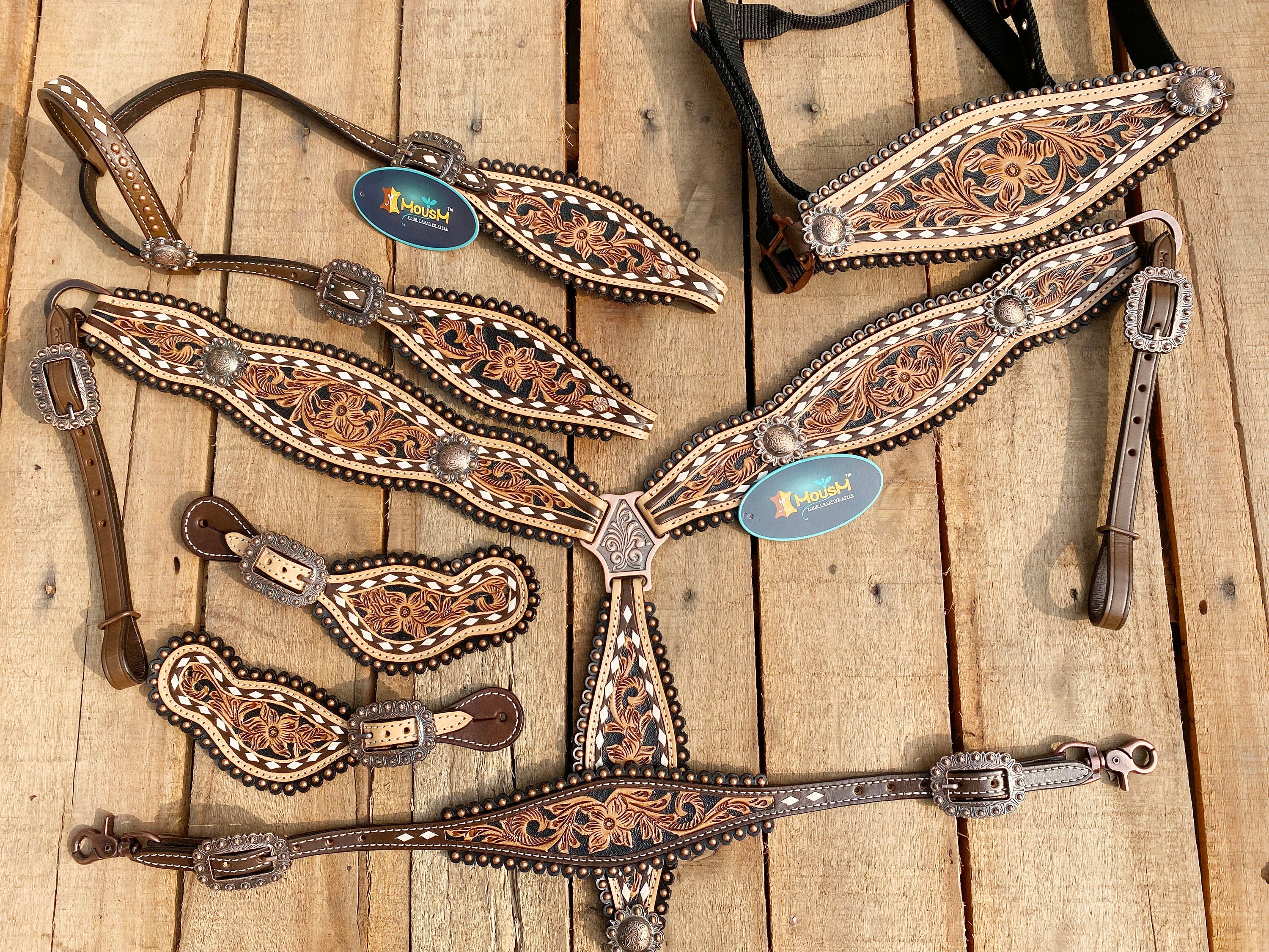 Hand Tooled Leather Western Horse Headstall and Breast Collar Set