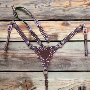 Genuine Leather Headstall and Breast Collar Set for the horse Western Headstall with white rawhide bucking-stitch and copper studs MOUSM