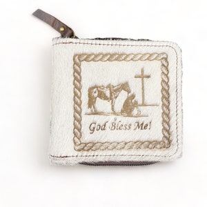 Cartera de cuero estilo western para hombre, billetera de piel de vaca auténtica blanca con grabado de vaquero rezando, billetera con cierre de cremallera completo de Mousm