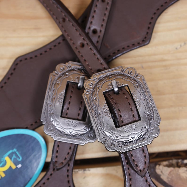 1 of MOUSM Handmade Western Leather Headstall and Breast Collar Tack Setwith premium buckles, Smooth Brown Leather with standard Style Breast Collar, Customizable Design, Handmade Full Horse Size