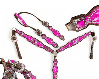 Valentine Pink Leather Headstall Breast Collar Set: Western Horse Tack by Mousm (Pink)